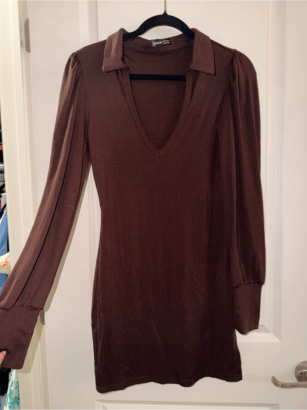 SHEIN Chocolate Brown Collared V-Neck Long Sleeve Dress